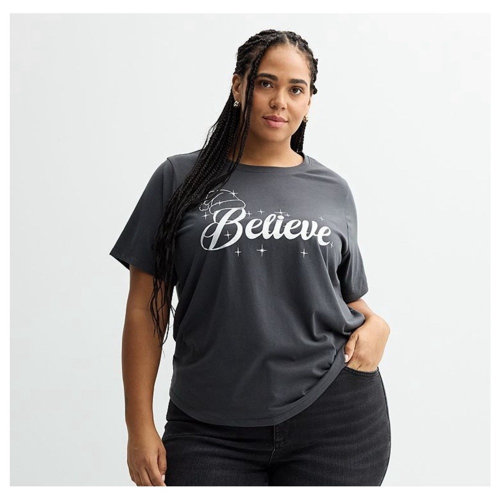 New! Believe Holiday Tee Size 3X Dark Gray Silver Graphic NWT Cute!